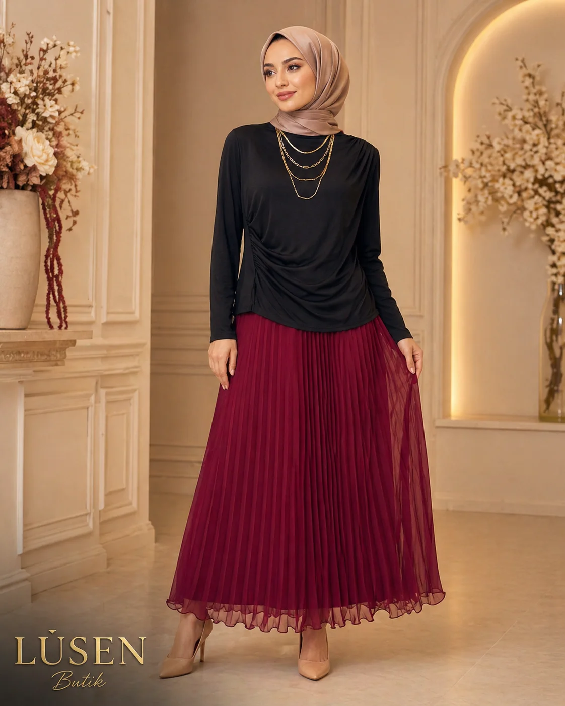 LUSEN SENDY BLUZ & BORDO ŞİFON ETEK KOMBİN