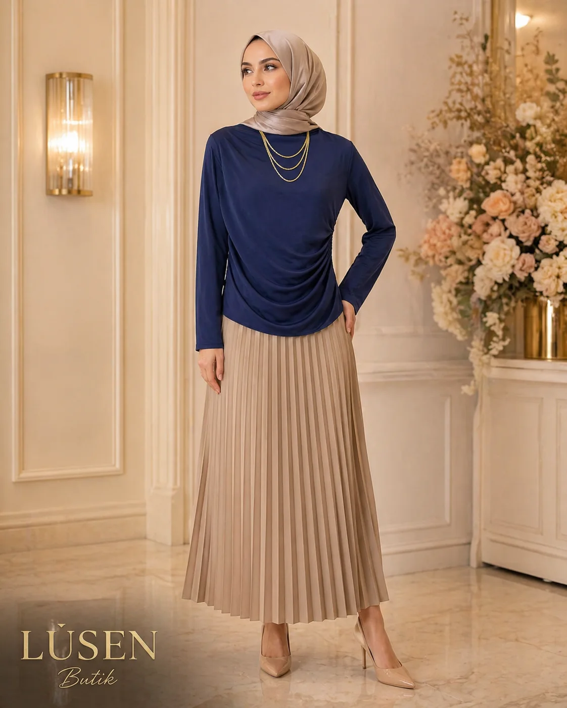 LUSEN SENDY BLUZ & KREM DERİ ETEK KOMBİN 